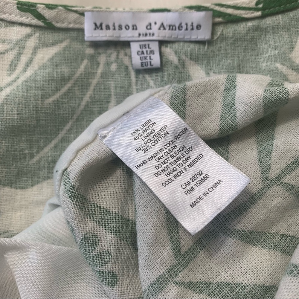 Maison d'Amélie Anthropology Blouse Linen 3/4 Sleeve Boho Resort Green/White L - Picture 9 of 11